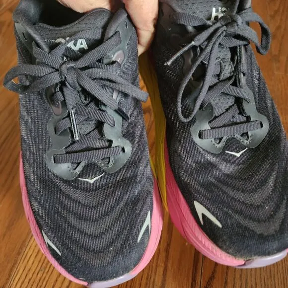 Hoka Arahi 6 Shoes Womens 7.5 Black Pink Yellow Road Comfort Cushion Workout