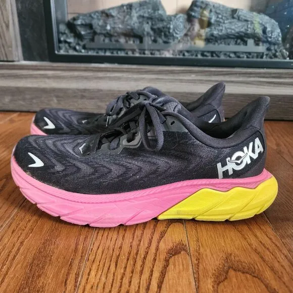 Hoka Arahi 6 Shoes Womens 7.5 Black Pink Yellow Road Comfort Cushion Workout