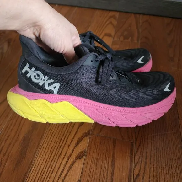 Hoka Arahi 6 Shoes Womens 7.5 Black Pink Yellow Road Comfort Cushion Workout