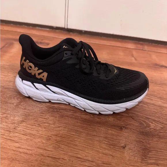 Hoka Black and White Clifton Sneakers