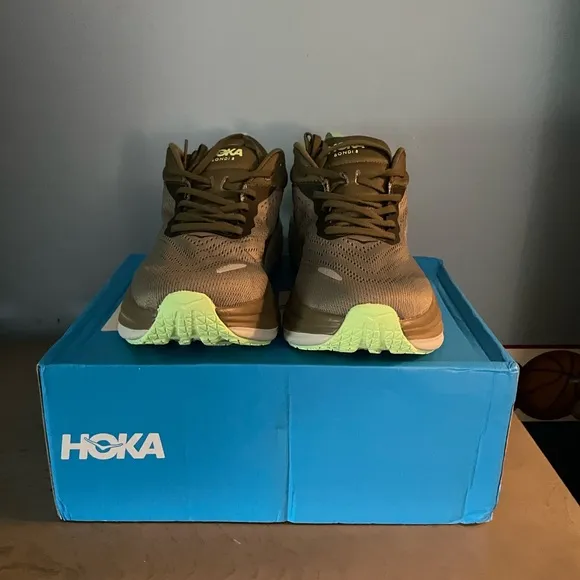 Hoka Khaki and Neon Running Shoes