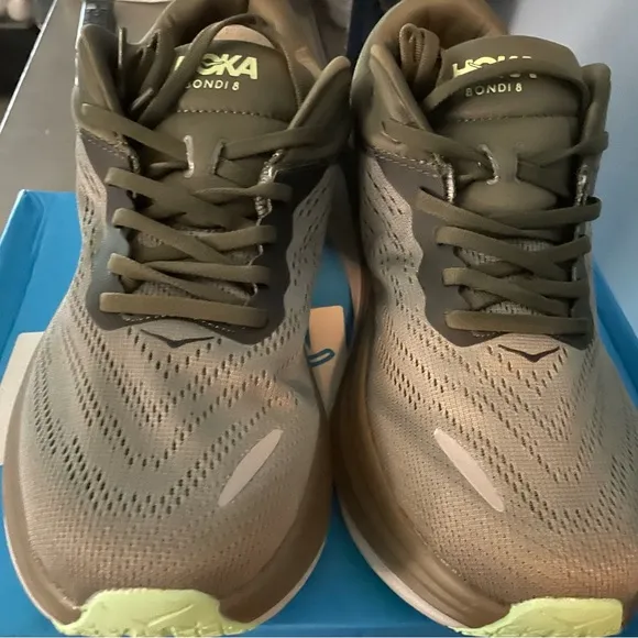 Hoka Khaki and Neon Running Shoes
