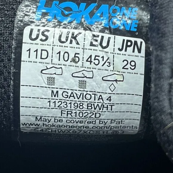 Hoka One One Gaviota 4 Black White Mens Size 11 1123198 athletic running casual