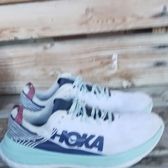 HOKA White and Navy Athletic Shoes