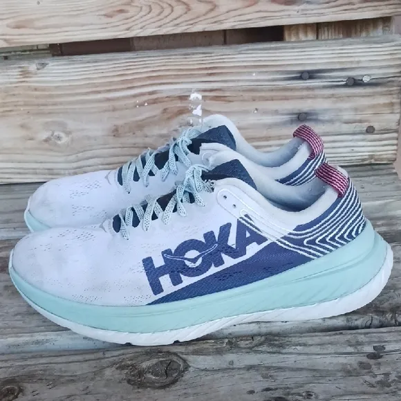 HOKA White and Navy Athletic Shoes