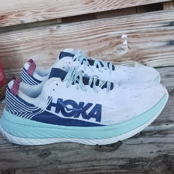 HOKA White and Navy Athletic Shoes