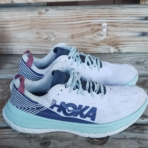 HOKA White and Navy Athletic Shoes
