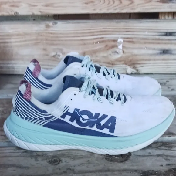 HOKA White and Navy Athletic Shoes