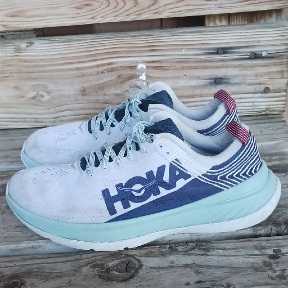 HOKA White and Navy Athletic Shoes