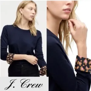 J. Crew Tippi Merino Wool Sweater Leopard French Cuffs Long Sleeves Crewneck