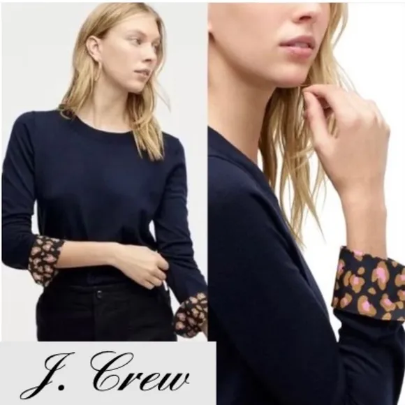 J. Crew Tippi Merino Wool Sweater Leopard French Cuffs Long Sleeves Crewneck
