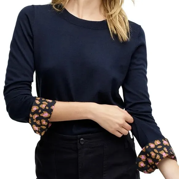 J. Crew Tippi Merino Wool Sweater Leopard French Cuffs Long Sleeves Crewneck