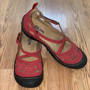 Jambu Red Flats with Floral Cut-Outs and Adjustable Strap
