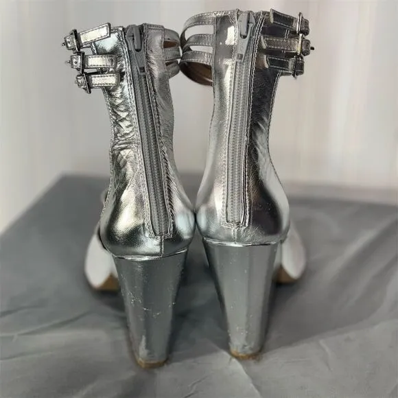 Jeffrey Campbell Women's Silver Leather Slingback Heels Size 7 Peep Toe