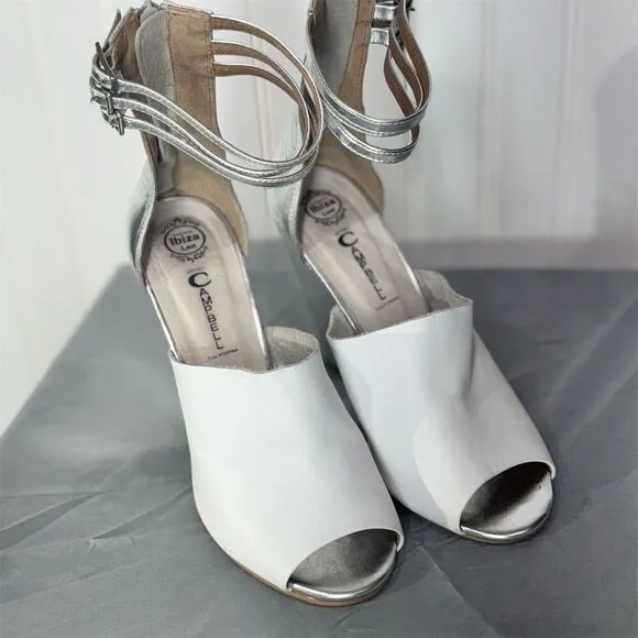 Jeffrey Campbell Women's Silver Leather Slingback Heels Size 7 Peep Toe