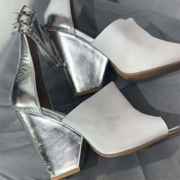 Jeffrey Campbell Women's Silver Leather Slingback Heels Size 7 Peep Toe