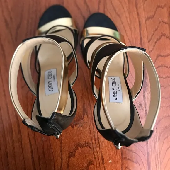 Jimmy Choo Gold and Black Ankle Strap Heels