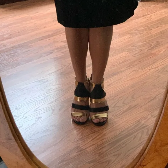 Jimmy Choo Gold and Black Ankle Strap Heels