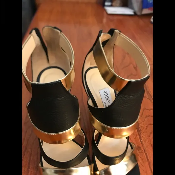 Jimmy Choo Gold and Black Ankle Strap Heels