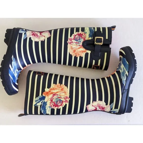 Joules Womens Size 7 Navy Wellyprint Rainboots Floral Stripes