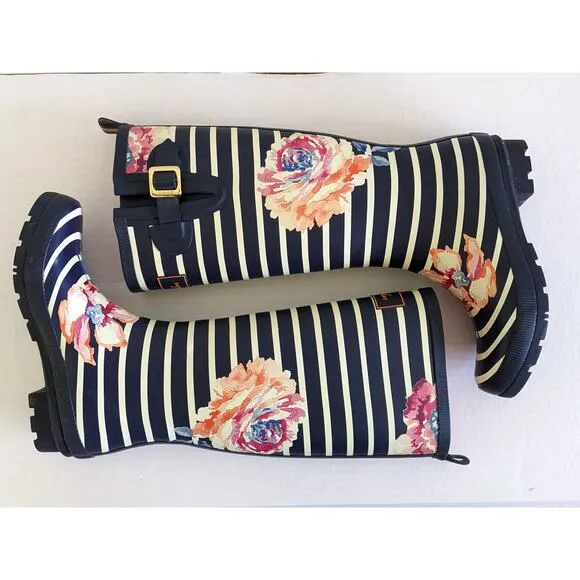 Joules Womens Size 7 Navy Wellyprint Rainboots Floral Stripes