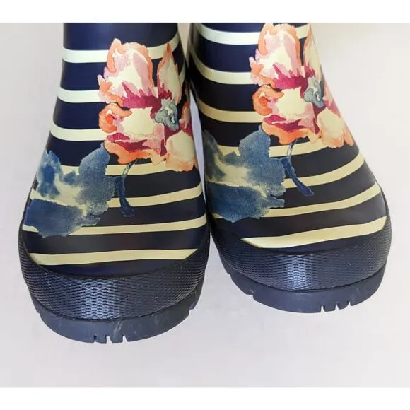Joules Womens Size 7 Navy Wellyprint Rainboots Floral Stripes