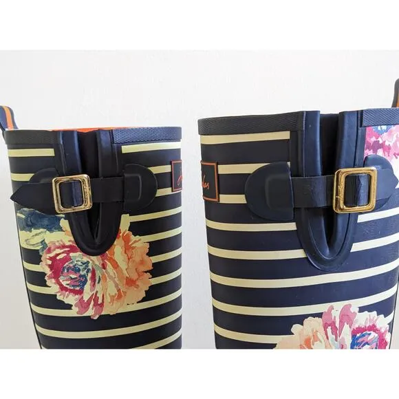 Joules Womens Size 7 Navy Wellyprint Rainboots Floral Stripes