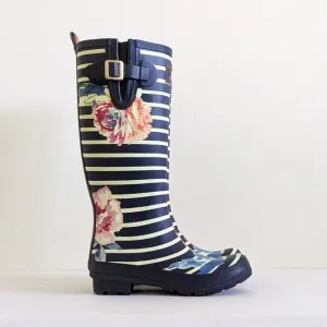 Joules Womens Size 7 Navy Wellyprint Rainboots Floral Stripes