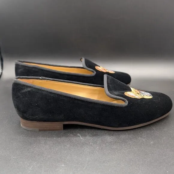Journey West Loafers Womens 8.5 M Black Velvet French Bulldog Embroidered Shoes