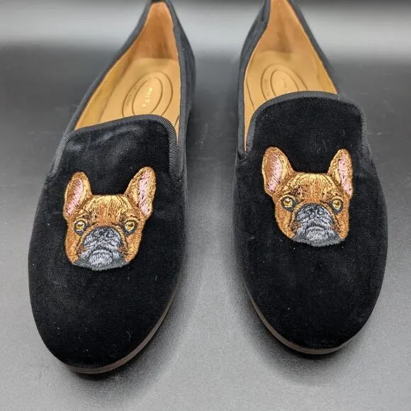 Journey West Loafers Womens 8.5 M Black Velvet French Bulldog Embroidered Shoes