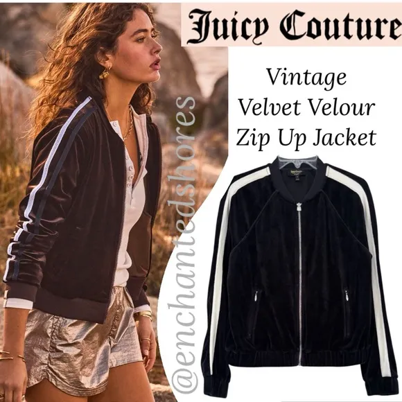 Juicy Couture Vintage Track Jacket Velvet Velour Black Off White Ivory Siz Small
