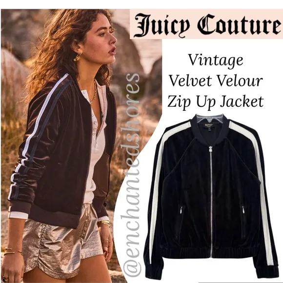Juicy Couture Vintage Track Jacket Velvet Velour Black Off White Ivory Siz Small