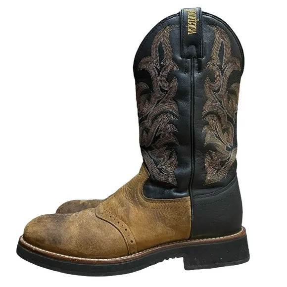 Justin Brown Black Leather Round Toe Waterproof Western Cowboy Boots Size 8.5 D