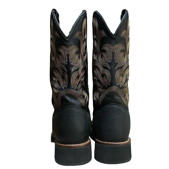 Justin Brown Black Leather Round Toe Waterproof Western Cowboy Boots Size 8.5 D