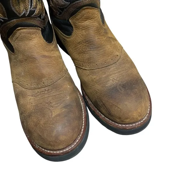 Justin Brown Black Leather Round Toe Waterproof Western Cowboy Boots Size 8.5 D