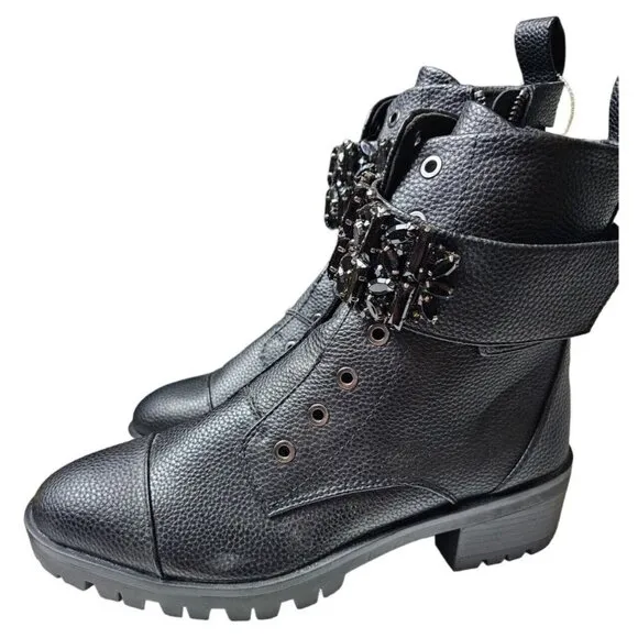 Karl Lagerfeld Combat Black Boots Paris Embellished Strap Payson Pippa 8.5 NEW