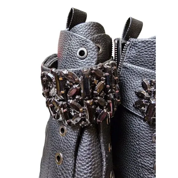 Karl Lagerfeld Combat Black Boots Paris Embellished Strap Payson Pippa 8.5 NEW