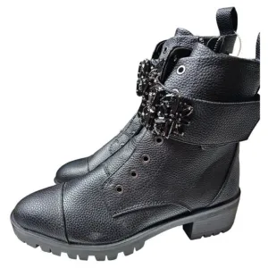 Karl Lagerfeld Combat Black Boots Paris Embellished Strap Payson Pippa 8.5 NEW