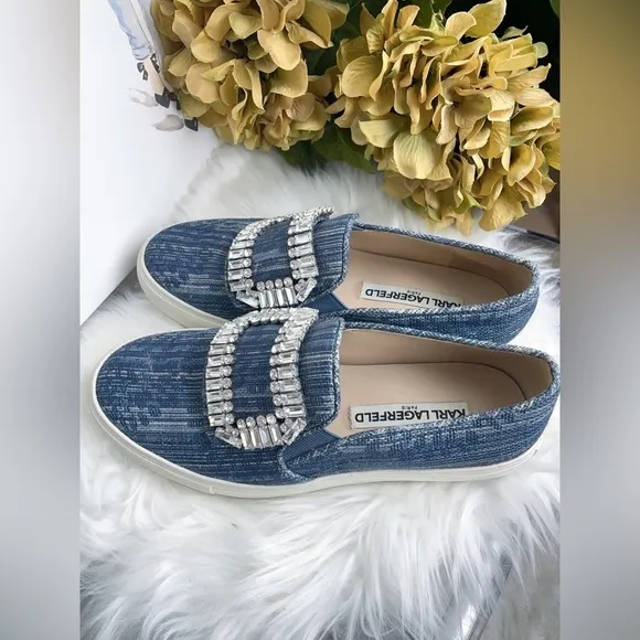Karl Lagerfeld Navy Denim Slip on Shoes with Diamond Buckle