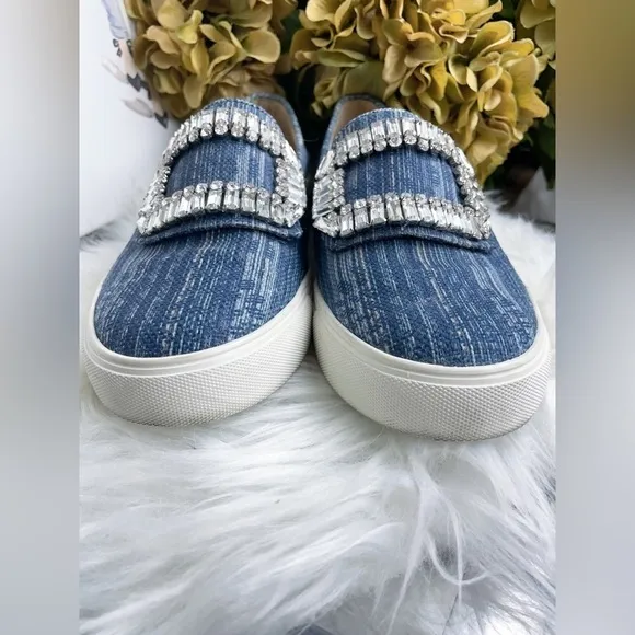 Karl Lagerfeld Navy Denim Slip on Shoes with Diamond Buckle