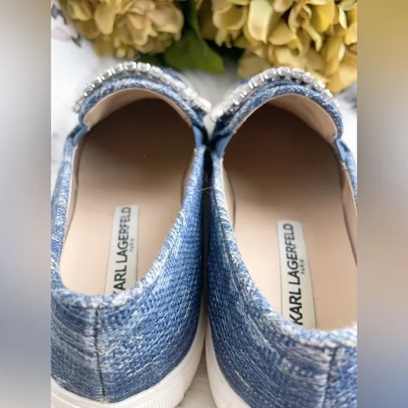 Karl Lagerfeld Navy Denim Slip on Shoes with Diamond Buckle