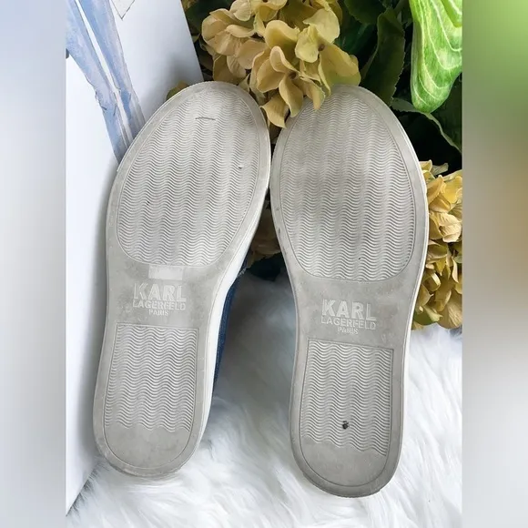 Karl Lagerfeld Navy Denim Slip on Shoes with Diamond Buckle
