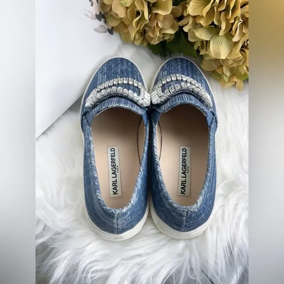 Karl Lagerfeld Navy Denim Slip on Shoes with Diamond Buckle