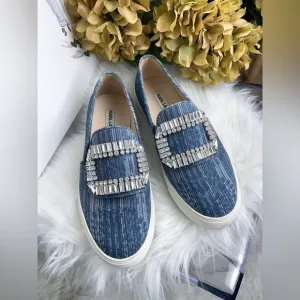 Karl Lagerfeld Navy Denim Slip on Shoes with Diamond Buckle