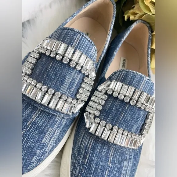 Karl Lagerfeld Navy Denim Slip on Shoes with Diamond Buckle