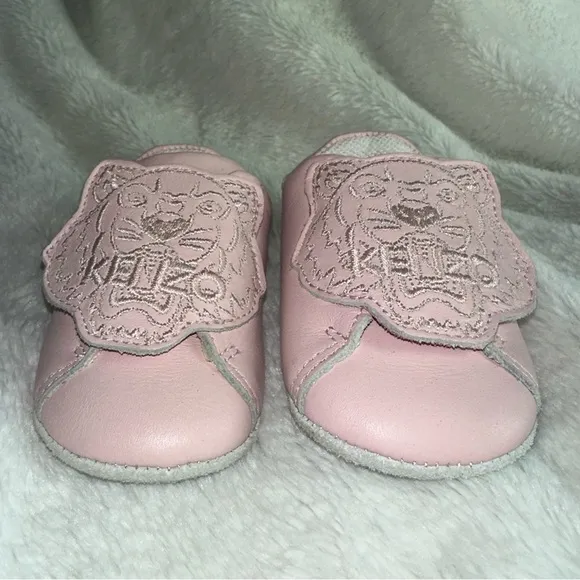 Kenzo Baby Girl's Pink Tiger Embroidered Logo Leather Slippers Shoes 2 C Infant