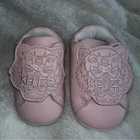 Kenzo Baby Girl's Pink Tiger Embroidered Logo Leather Slippers Shoes 2 C Infant