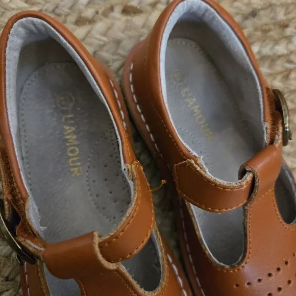 L'Amour Shoes Frances Cognac Leather T-Strap Mary Jane Size 10c