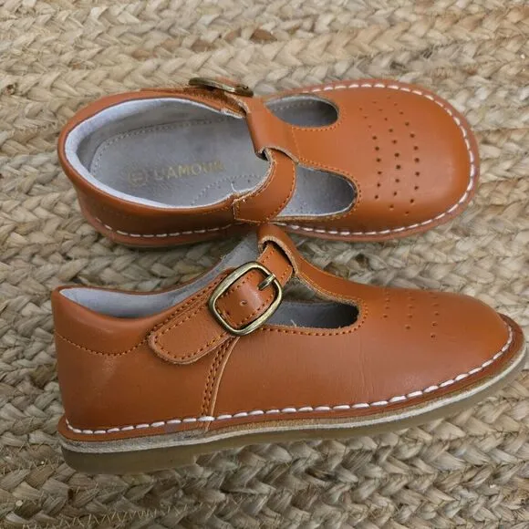 L'Amour Shoes Frances Cognac Leather T-Strap Mary Jane Size 10c