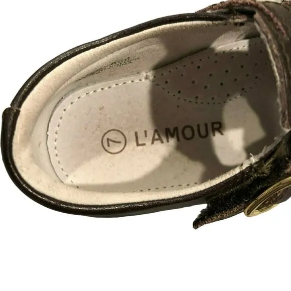 L'Amour Sz 7 Beatrix Brown Leather Mary Jane T-Strap Dress Shoes